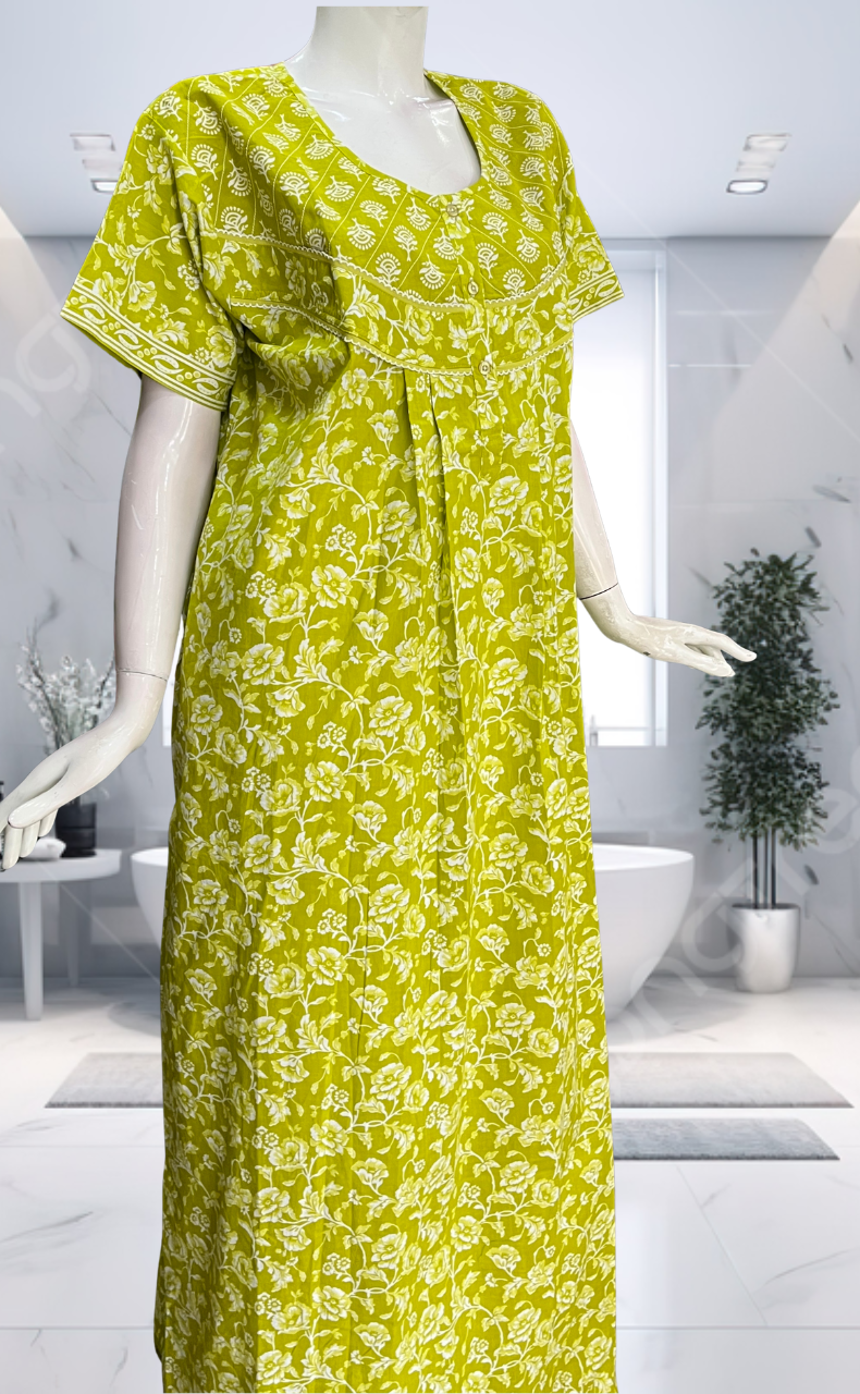 Lime Green Garden Pure Cotton Nighty. Pure Durable Cotton | Laces and Frills