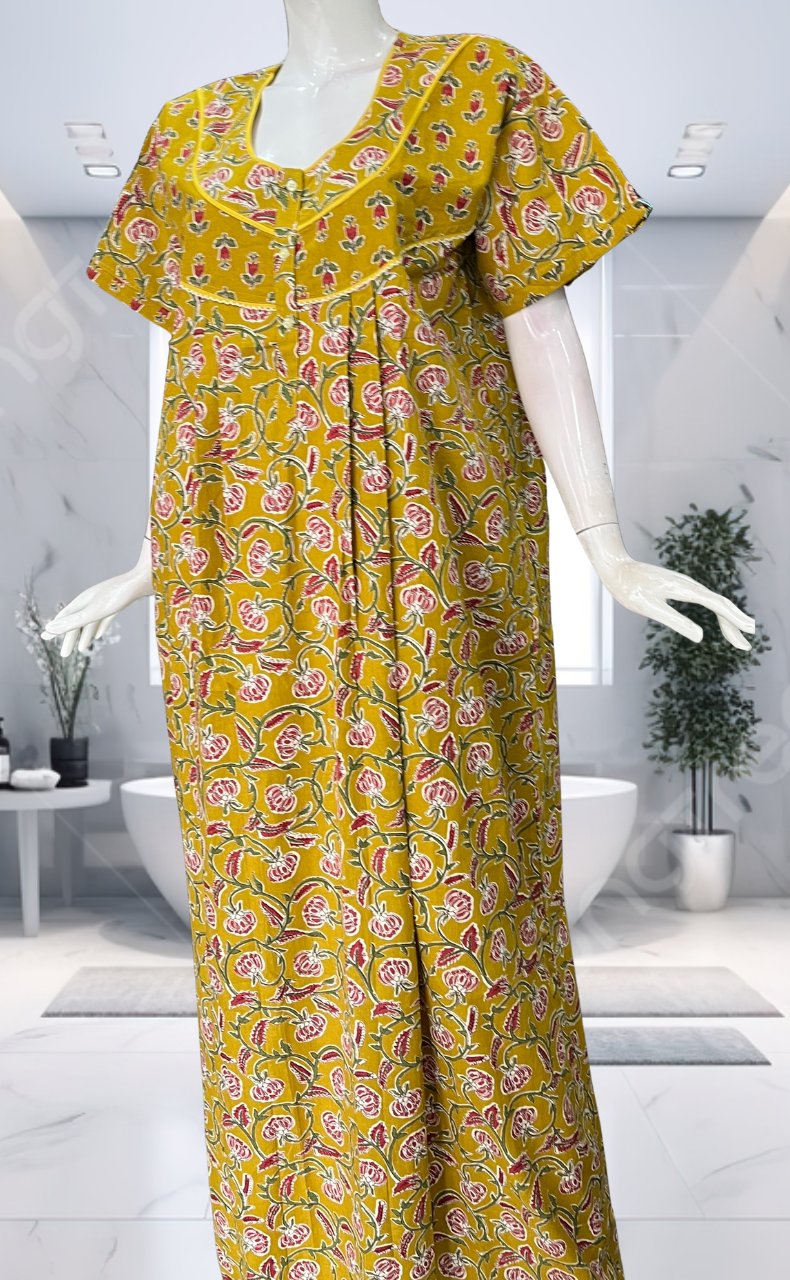 Yellow Garden Pure Cotton Nighty. Pure Durable Cotton | Laces and Frills