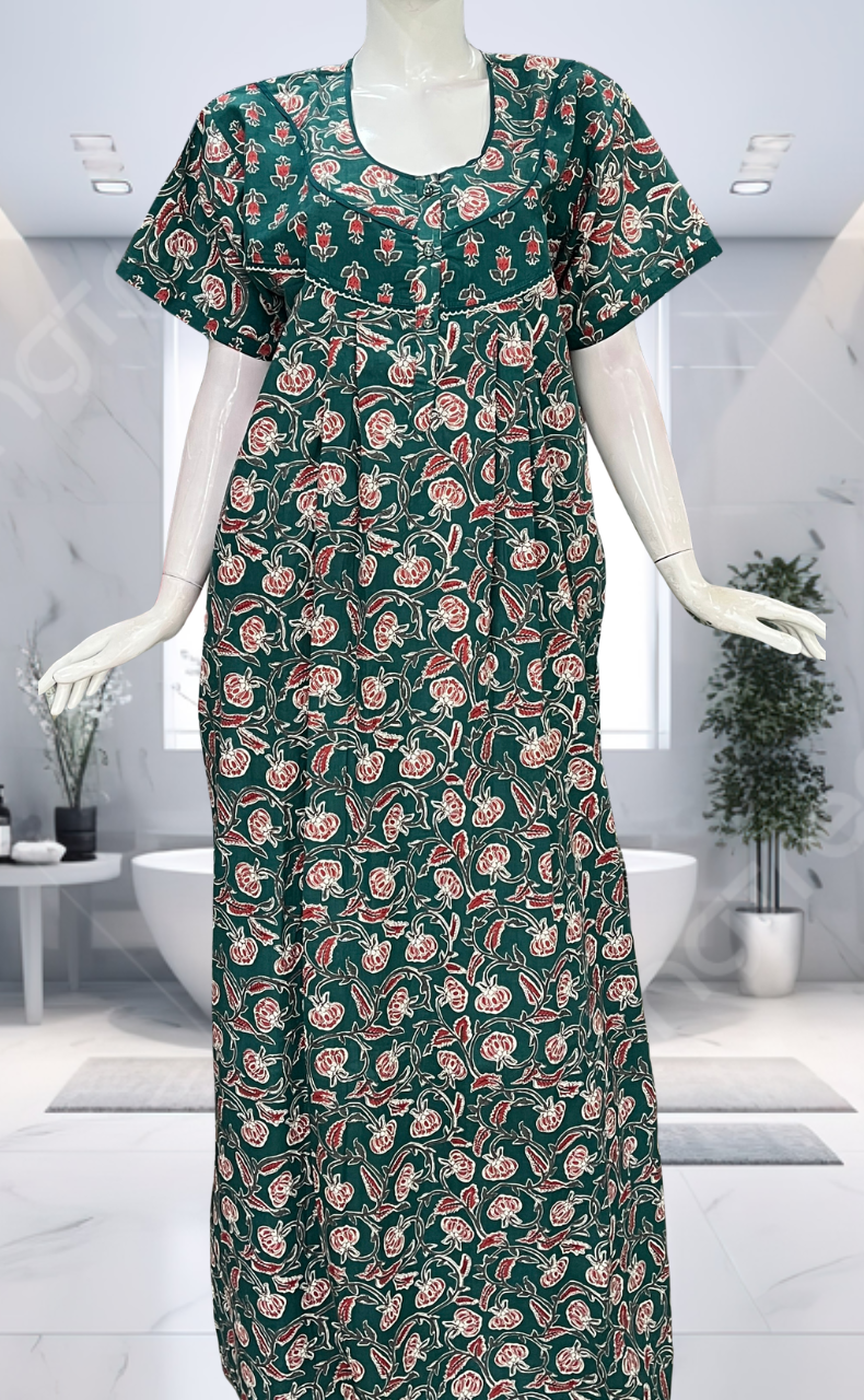 Teal Green Garden Pure Cotton Nighty. Pure Durable Cotton | Laces and Frills - Laces and Frills