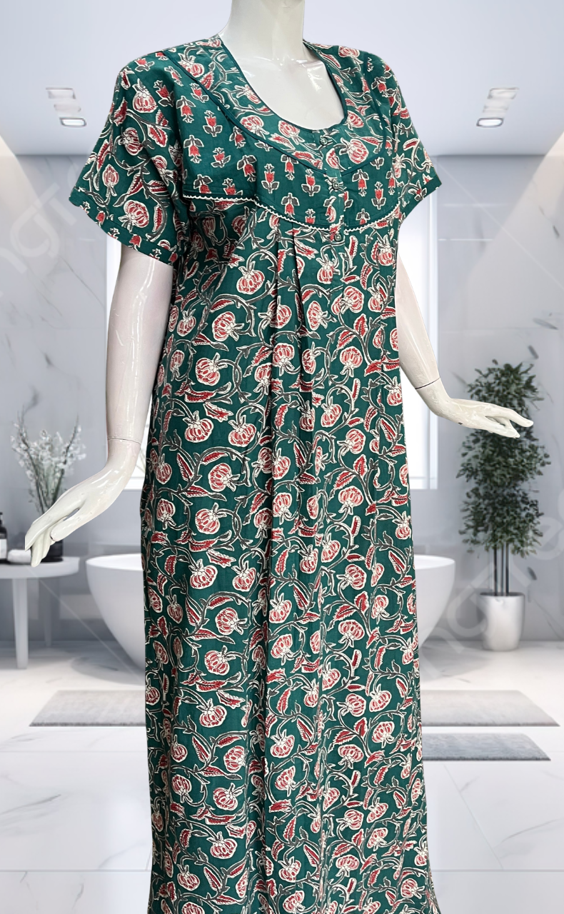 Teal Green Garden Pure Cotton Nighty. Pure Durable Cotton | Laces and Frills - Laces and Frills