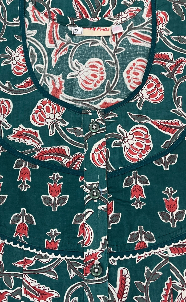 Teal Green Garden Pure Cotton Nighty. Pure Durable Cotton | Laces and Frills - Laces and Frills