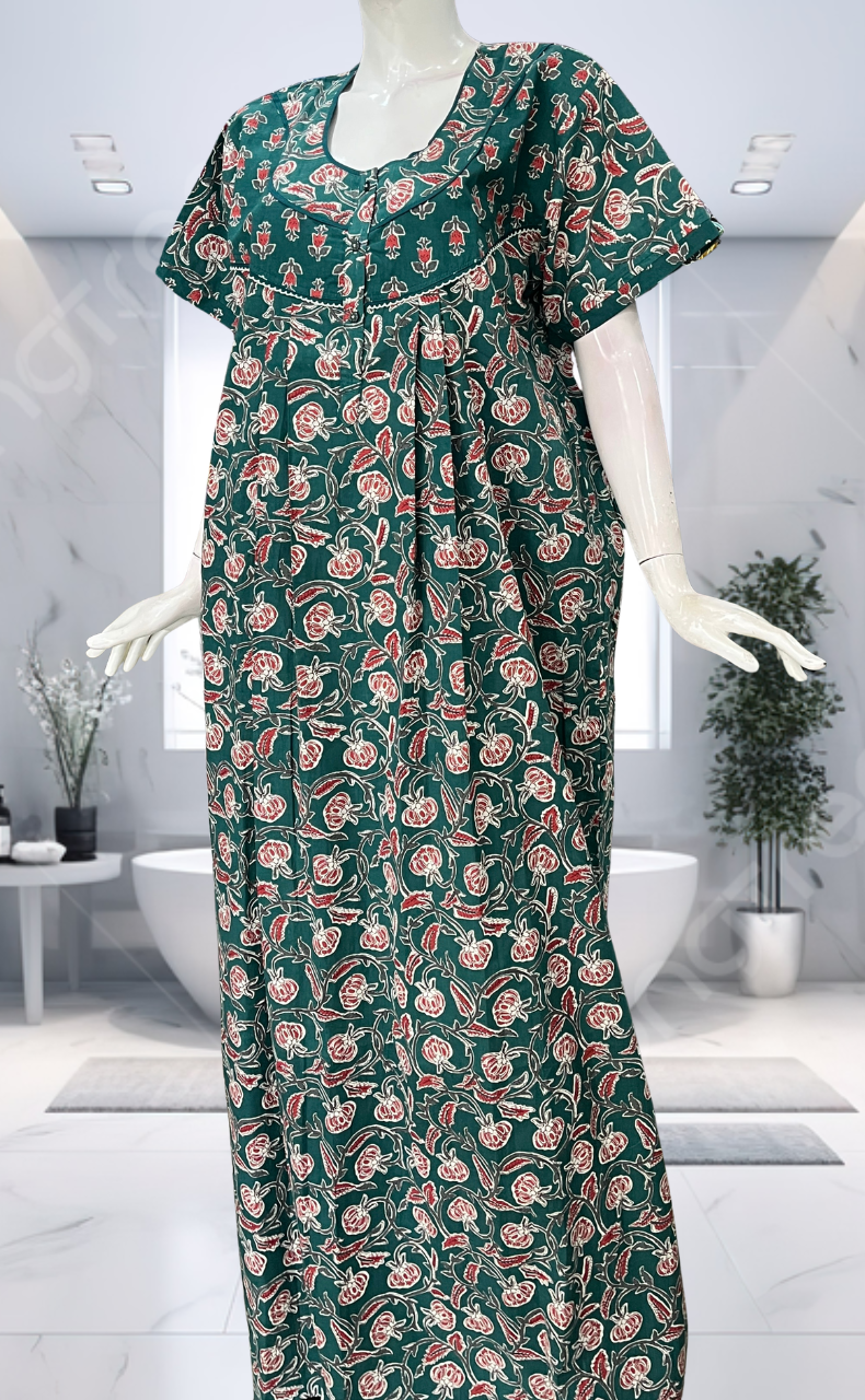 Teal Green Garden Pure Cotton Nighty. Pure Durable Cotton | Laces and Frills - Laces and Frills