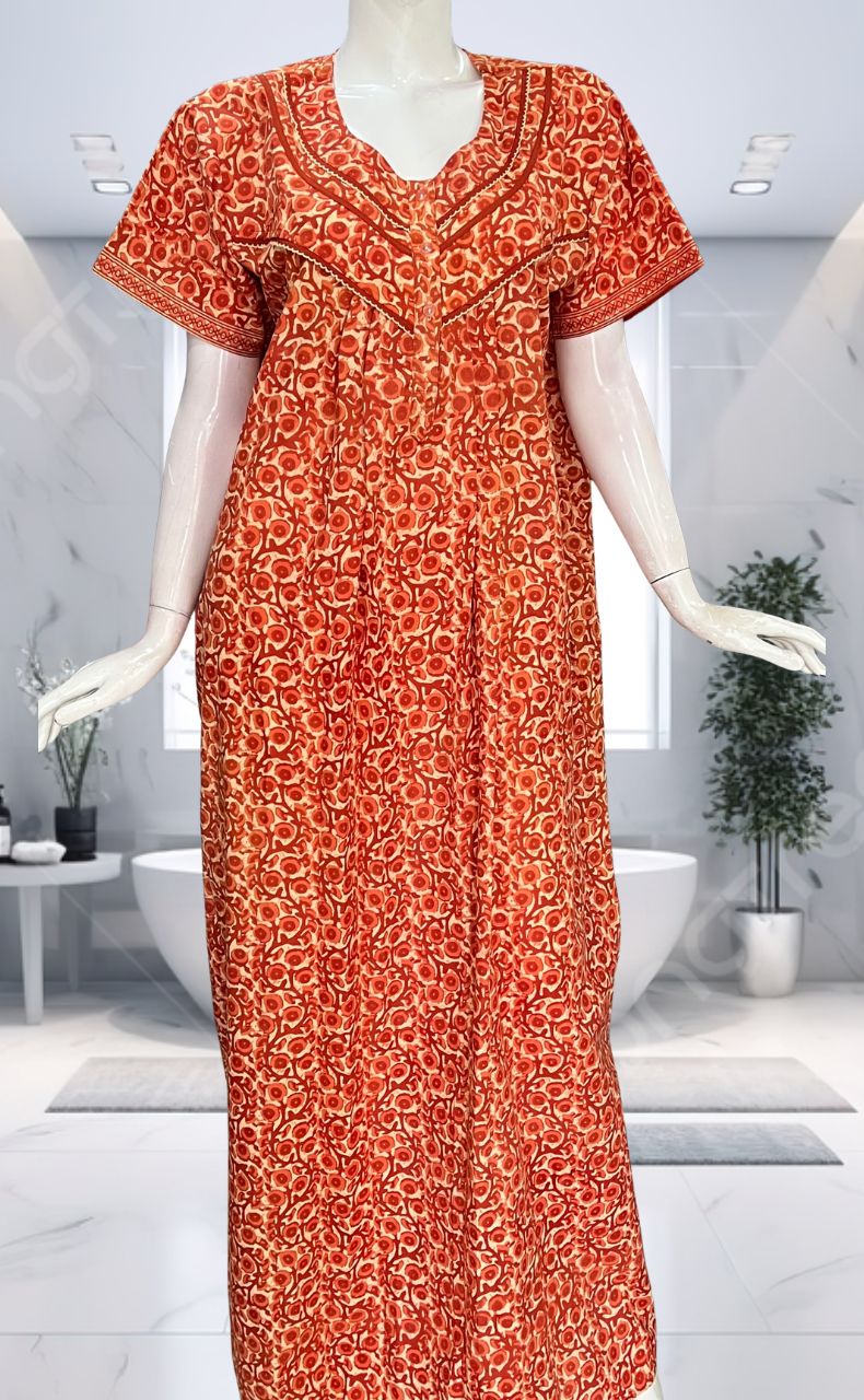 Orange Floral Pure Cotton Nighty. Pure Durable Cotton | Laces and Frills