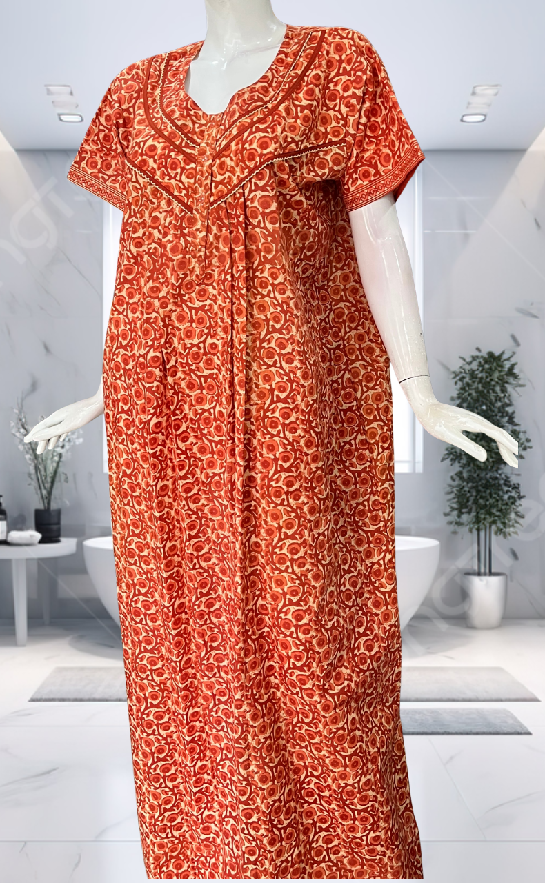 Orange Floral Pure Cotton Nighty. Pure Durable Cotton | Laces and Frills