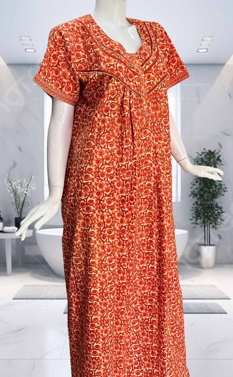 Orange Floral Pure Cotton Nighty. Pure Durable Cotton | Laces and Frills