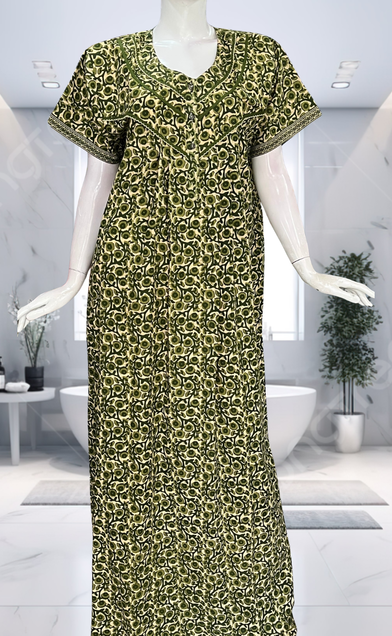Green Floral Pure Cotton Nighty. Pure Durable Cotton | Laces and Frills - Laces and Frills