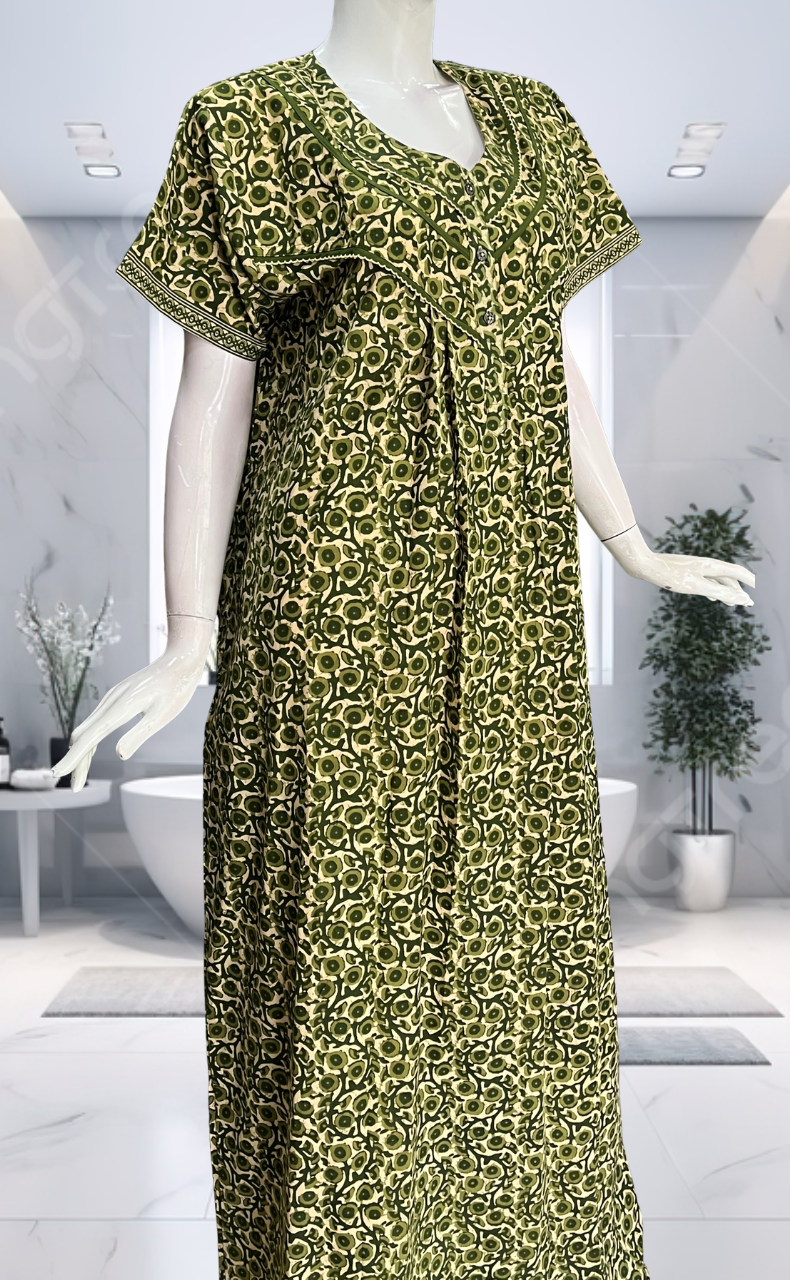 Green Floral Pure Cotton Nighty. Pure Durable Cotton | Laces and Frills - Laces and Frills
