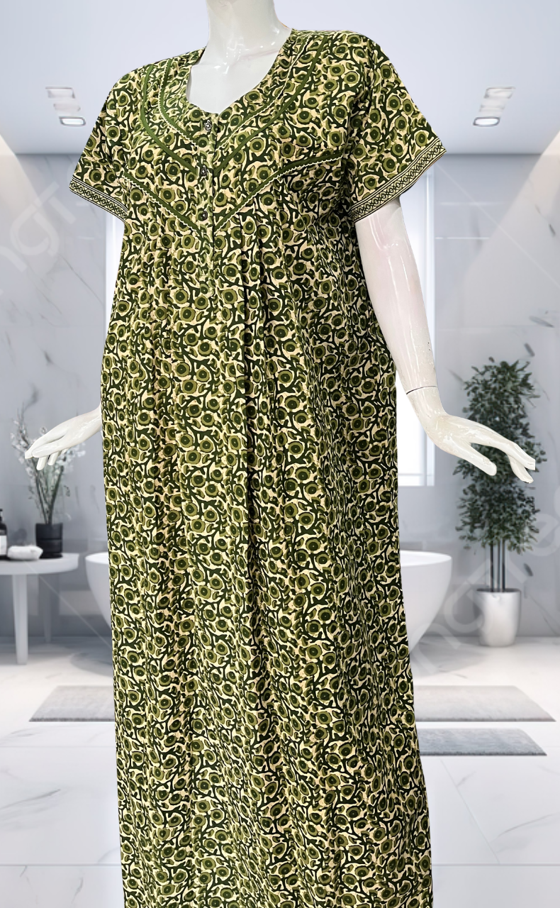 Green Floral Pure Cotton Nighty. Pure Durable Cotton | Laces and Frills - Laces and Frills