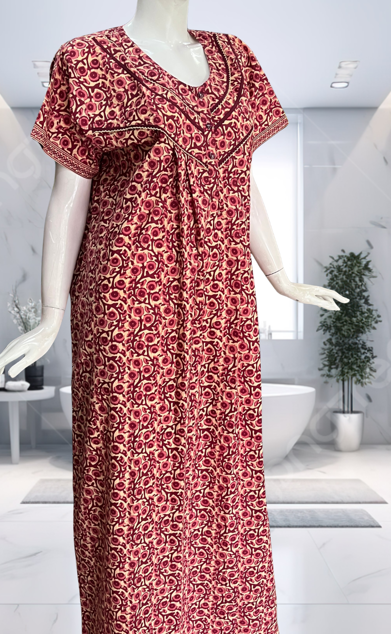 Maroon Floral Pure Cotton Nighty. Pure Durable Cotton | Laces and Frills