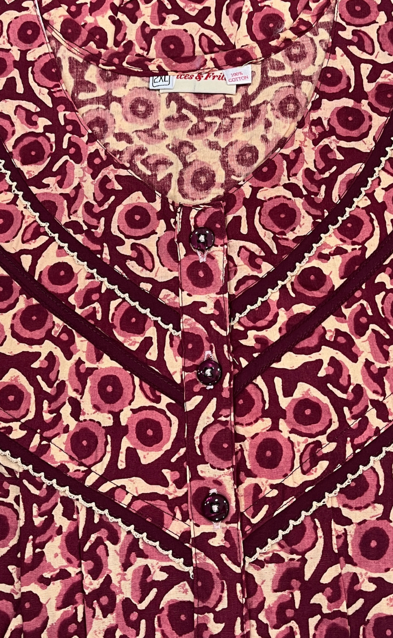 Maroon Floral Pure Cotton Nighty. Pure Durable Cotton | Laces and Frills