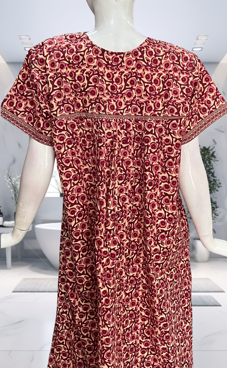 Maroon Floral Pure Cotton Nighty. Pure Durable Cotton | Laces and Frills