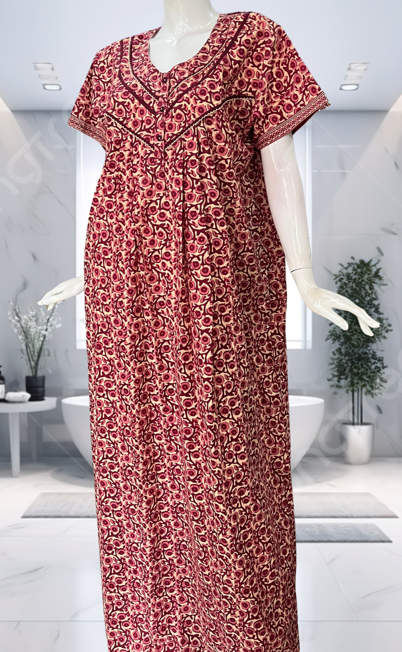 Maroon Floral Pure Cotton Nighty. Pure Durable Cotton | Laces and Frills