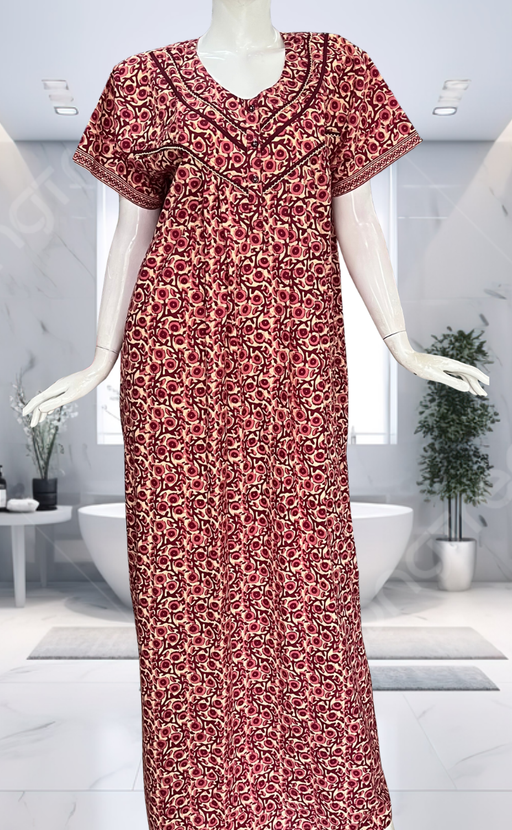 Maroon Floral Pure Cotton Nighty. Pure Durable Cotton | Laces and Frills - Laces and Frills