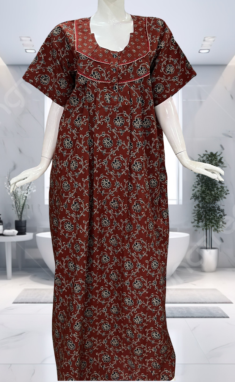 Maroon Floral Pure Cotton Nighty. Pure Durable Cotton | Laces and Frills
