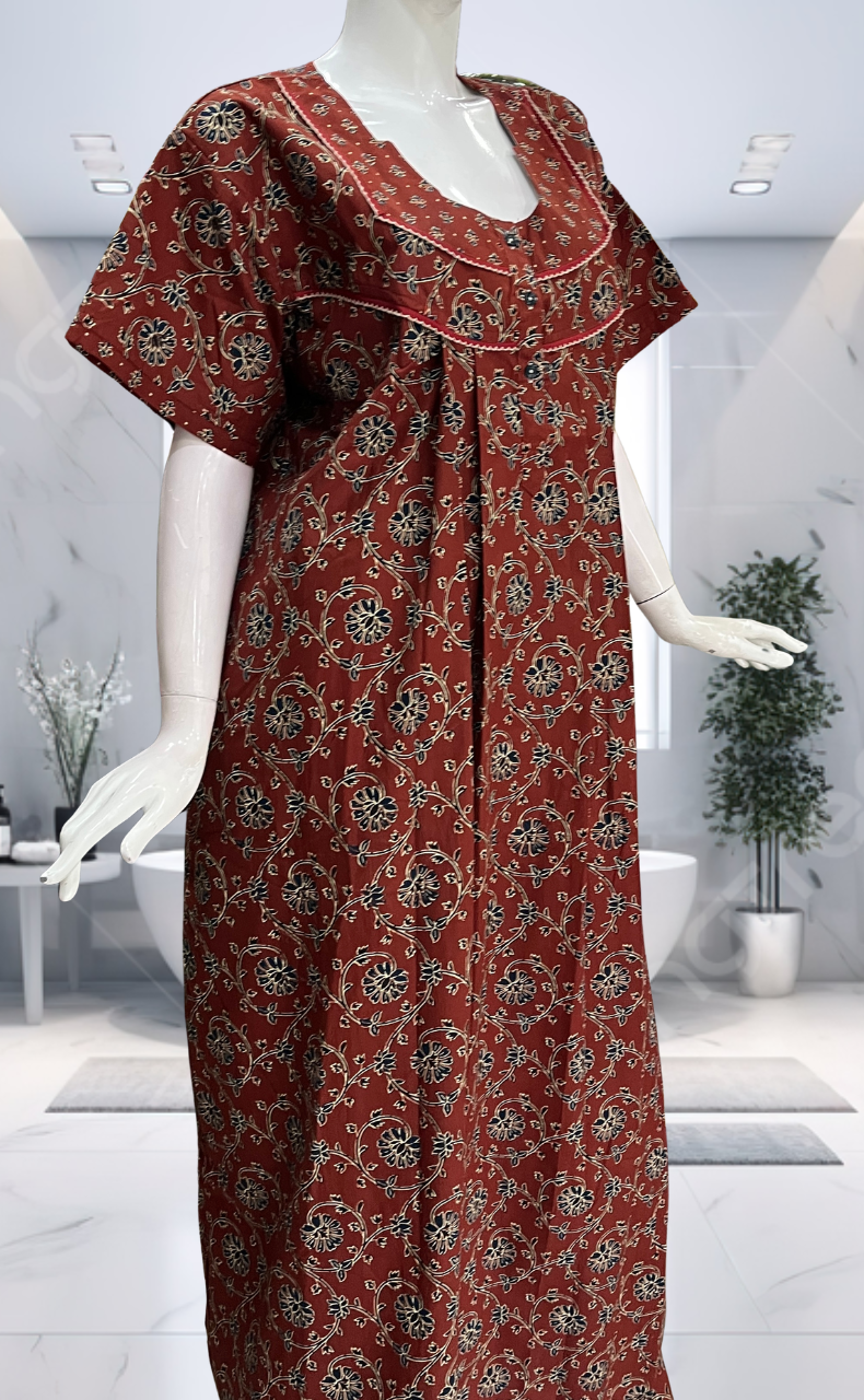 Maroon Floral Pure Cotton Nighty. Pure Durable Cotton | Laces and Frills
