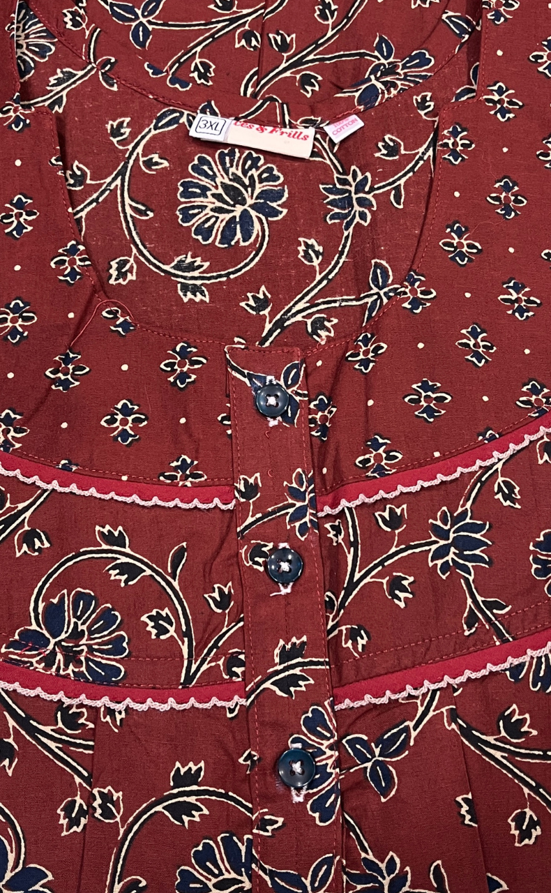 Maroon Floral Pure Cotton Nighty. Pure Durable Cotton | Laces and Frills