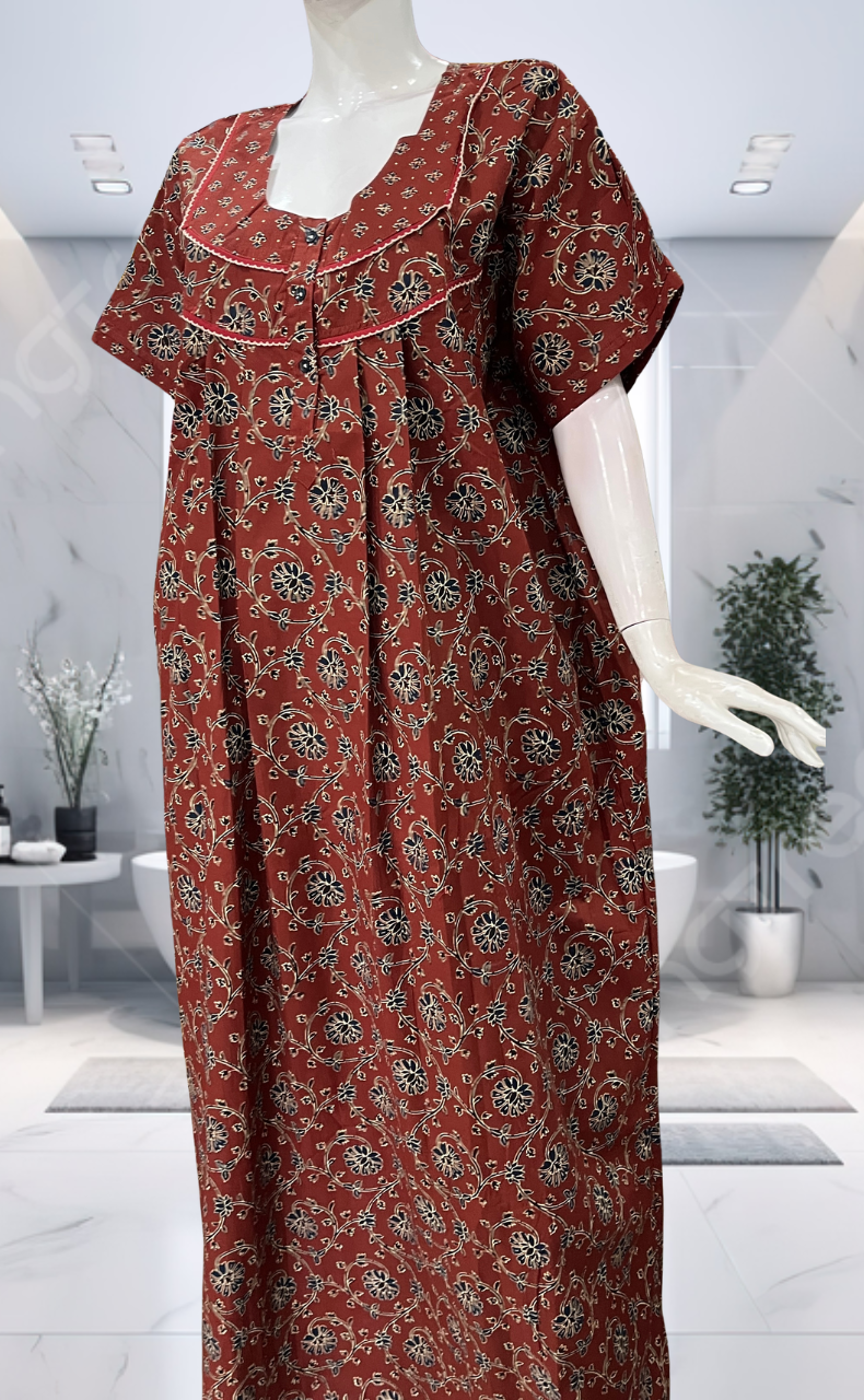 Maroon Floral Pure Cotton Nighty. Pure Durable Cotton | Laces and Frills