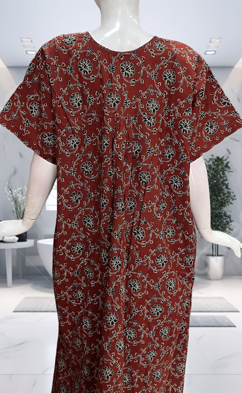 Maroon Floral Pure Cotton Nighty. Pure Durable Cotton | Laces and Frills