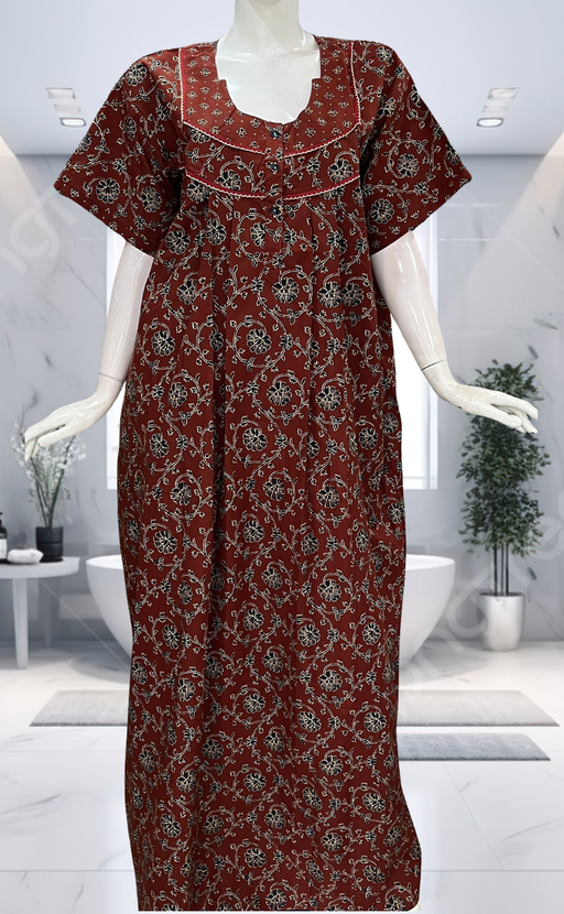Maroon Floral Pure Cotton Nighty. Pure Durable Cotton | Laces and Frills - Laces and Frills