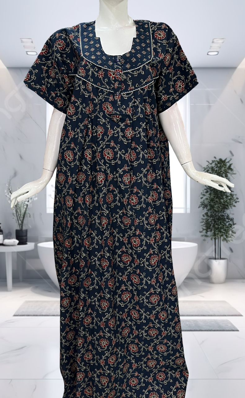 Blue Floral Pure Cotton Nighty. Pure Durable Cotton | Laces and Frills - Laces and Frills