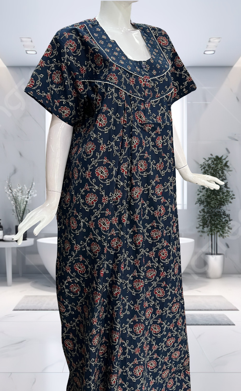 Blue Floral Pure Cotton Nighty. Pure Durable Cotton | Laces and Frills - Laces and Frills