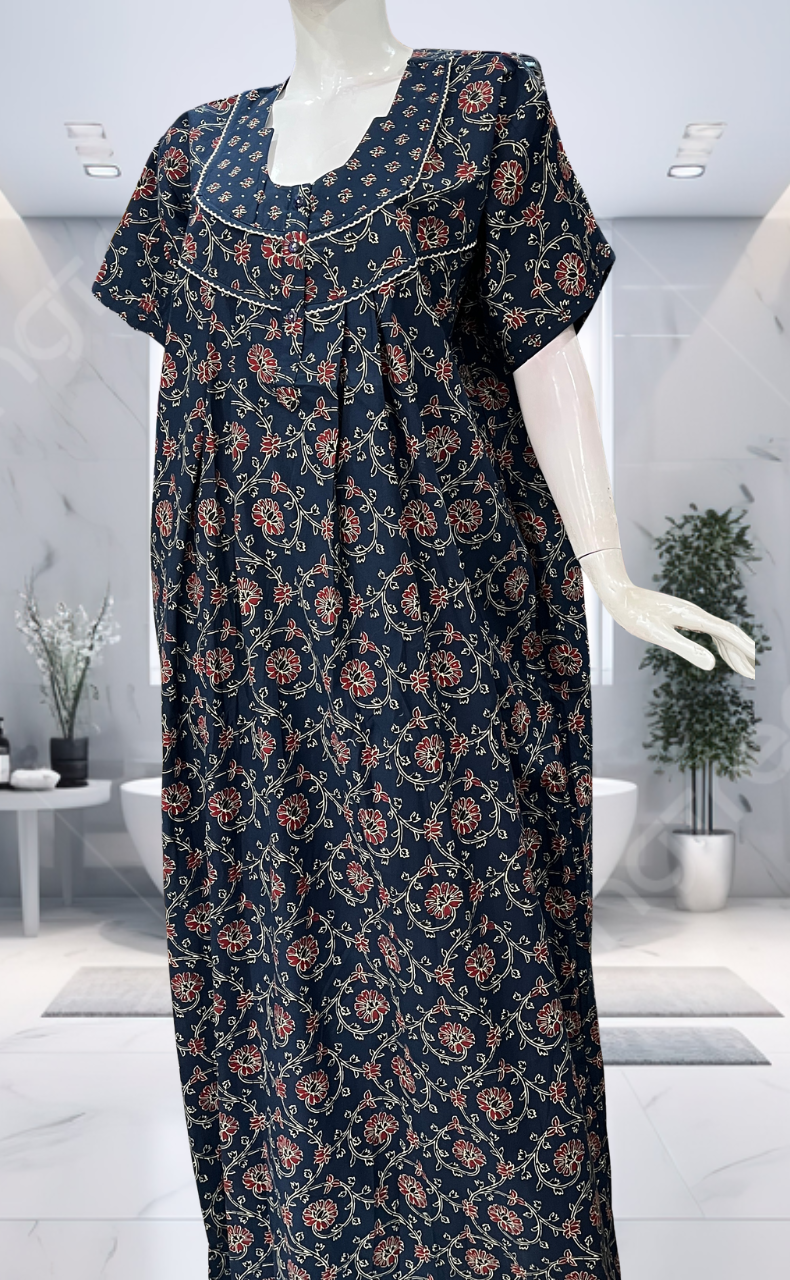 Blue Floral Pure Cotton Nighty. Pure Durable Cotton | Laces and Frills - Laces and Frills