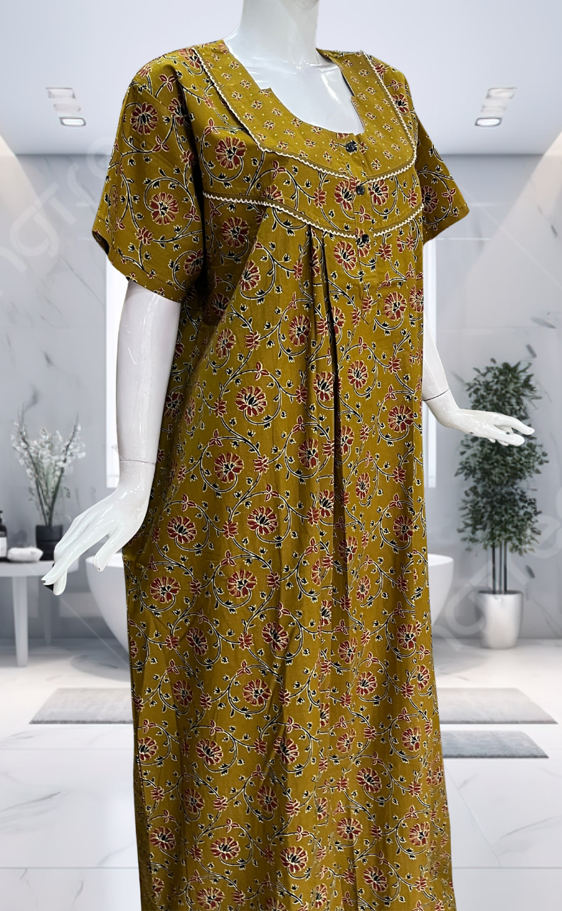Yellow Floral Pure Cotton Nighty. Pure Durable Cotton | Laces and Frills