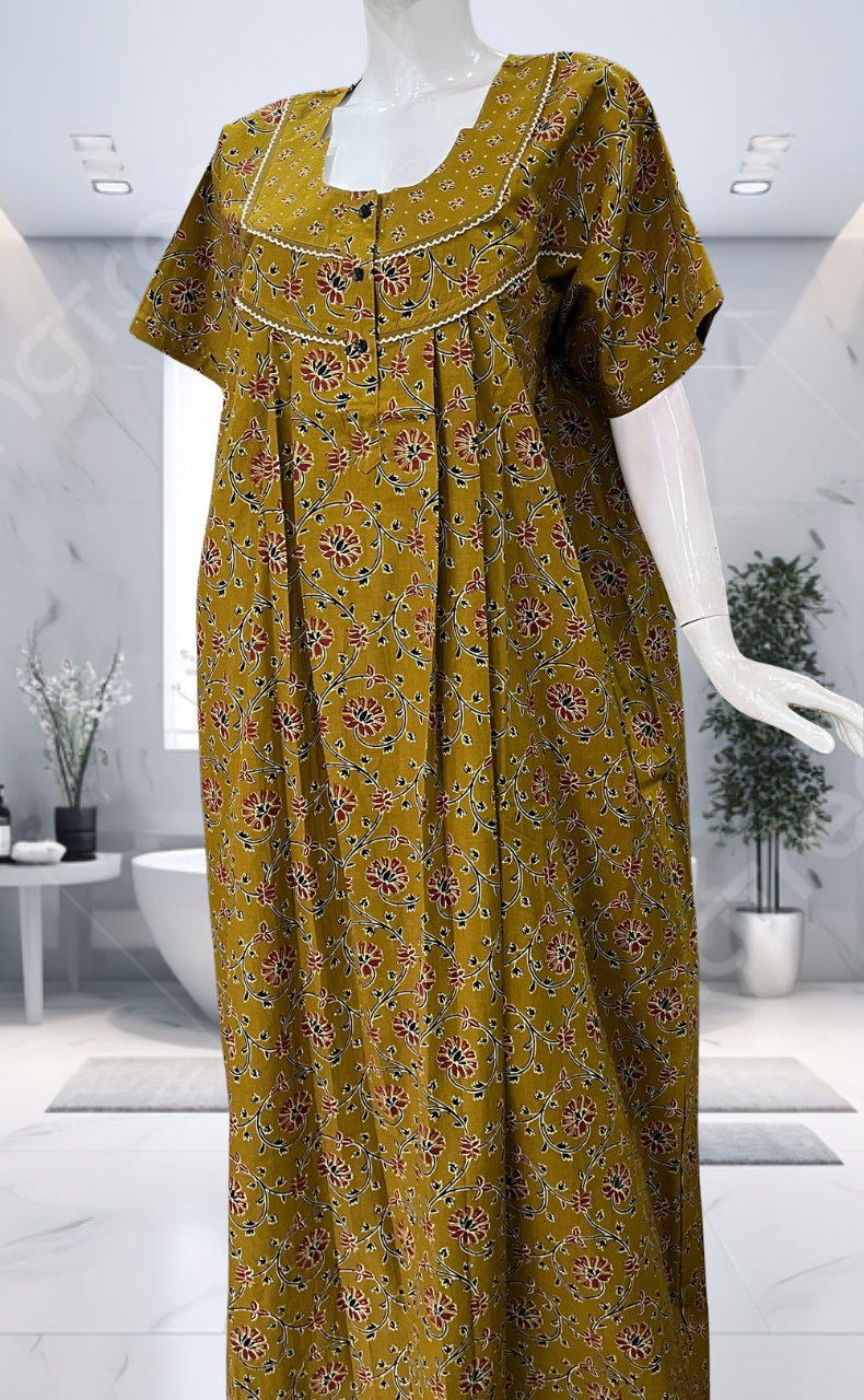 Yellow Floral Pure Cotton Nighty. Pure Durable Cotton | Laces and Frills