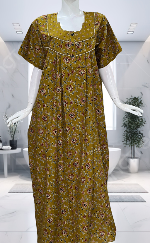 Yellow Floral Pure Cotton Nighty. Pure Durable Cotton | Laces and Frills - Laces and Frills