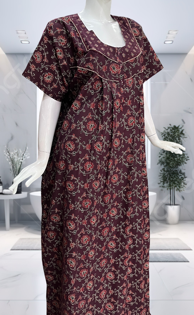 Wine Colour Floral Pure Cotton Nighty. Pure Durable Cotton | Laces and Frills
