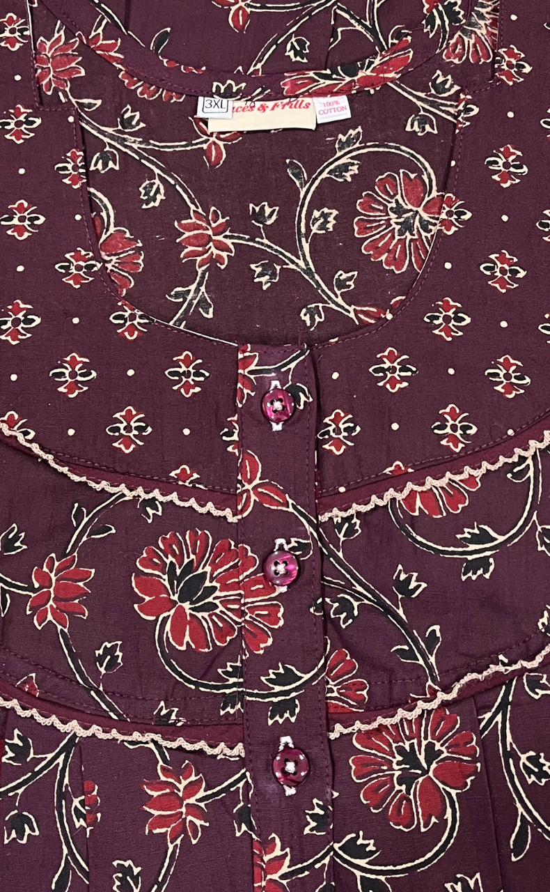 Wine Colour Floral Pure Cotton Nighty. Pure Durable Cotton | Laces and Frills