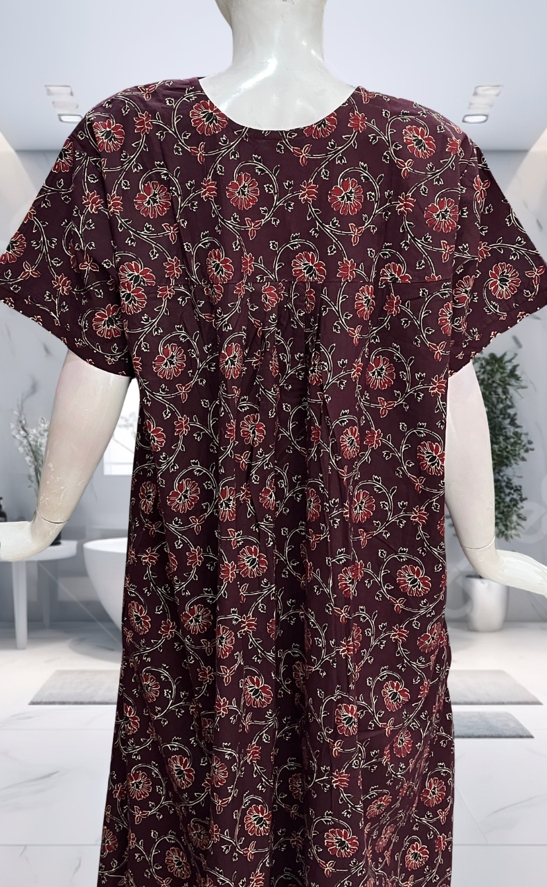 Wine Colour Floral Pure Cotton Nighty. Pure Durable Cotton | Laces and Frills
