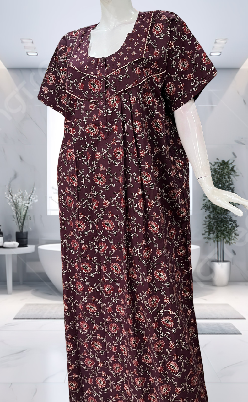 Wine Colour Floral Pure Cotton Nighty. Pure Durable Cotton | Laces and Frills