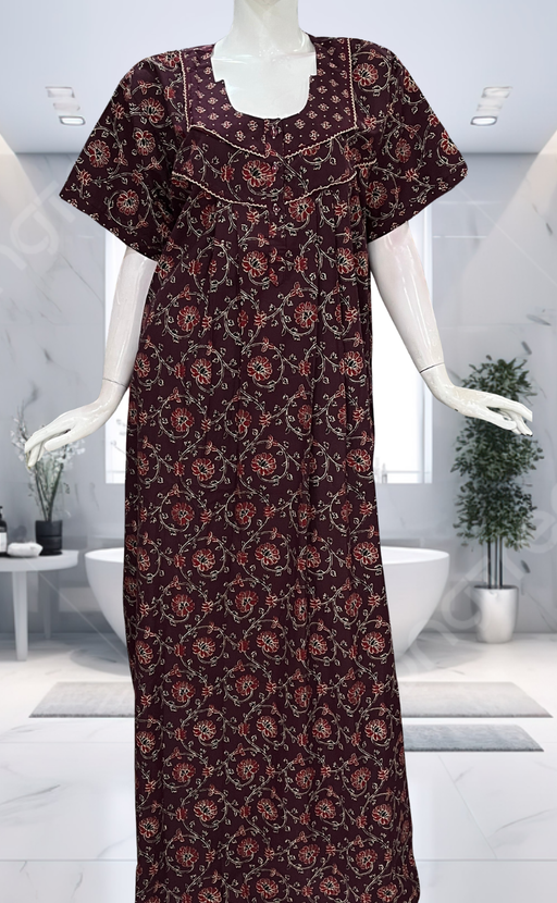 Wine Colour Floral Pure Cotton Nighty. Pure Durable Cotton | Laces and Frills - Laces and Frills