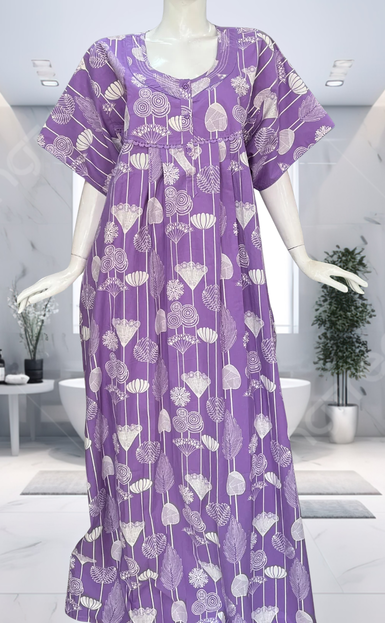 Lavender Abstract Pure Cotton Nighty. Pure Durable Cotton | Laces and Frills