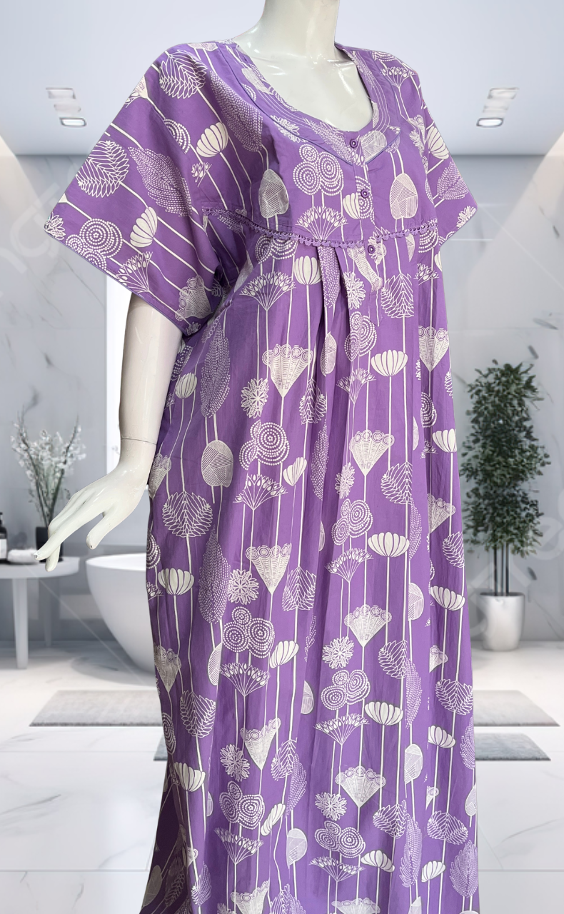 Lavender Abstract Pure Cotton Nighty. Pure Durable Cotton | Laces and Frills