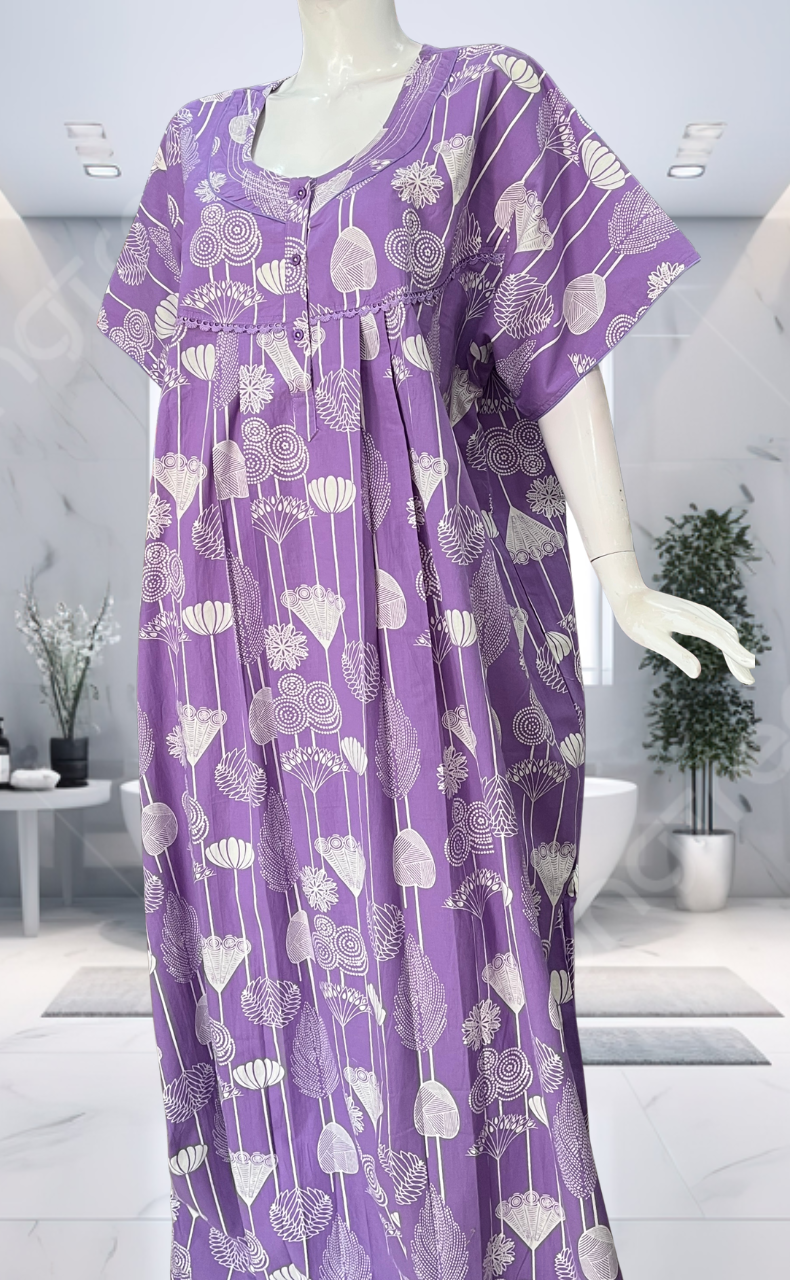 Lavender Abstract Pure Cotton Nighty. Pure Durable Cotton | Laces and Frills