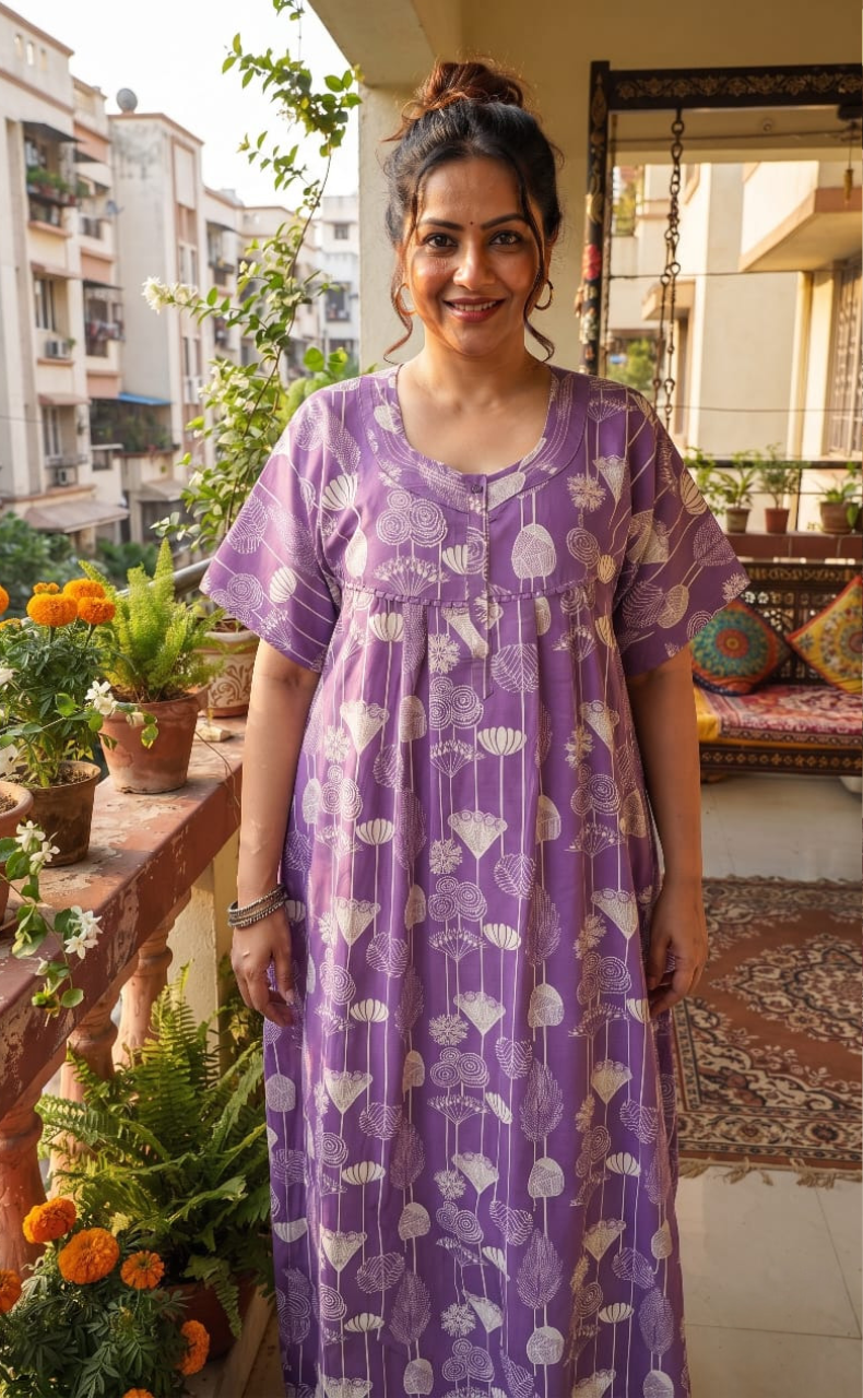 Lavender Abstract Pure Cotton Nighty. Pure Durable Cotton | Laces and Frills - Laces and Frills