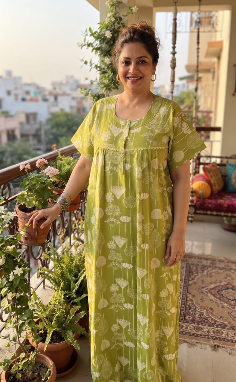 Green Abstract Pure Cotton Nighty. Pure Durable Cotton | Laces and Frills - Laces and Frills