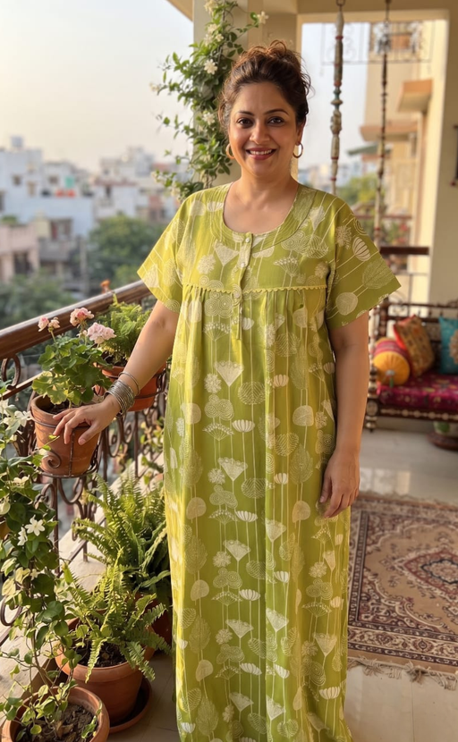 Green Abstract Pure Cotton Nighty. Pure Durable Cotton | Laces and Frills - Laces and Frills