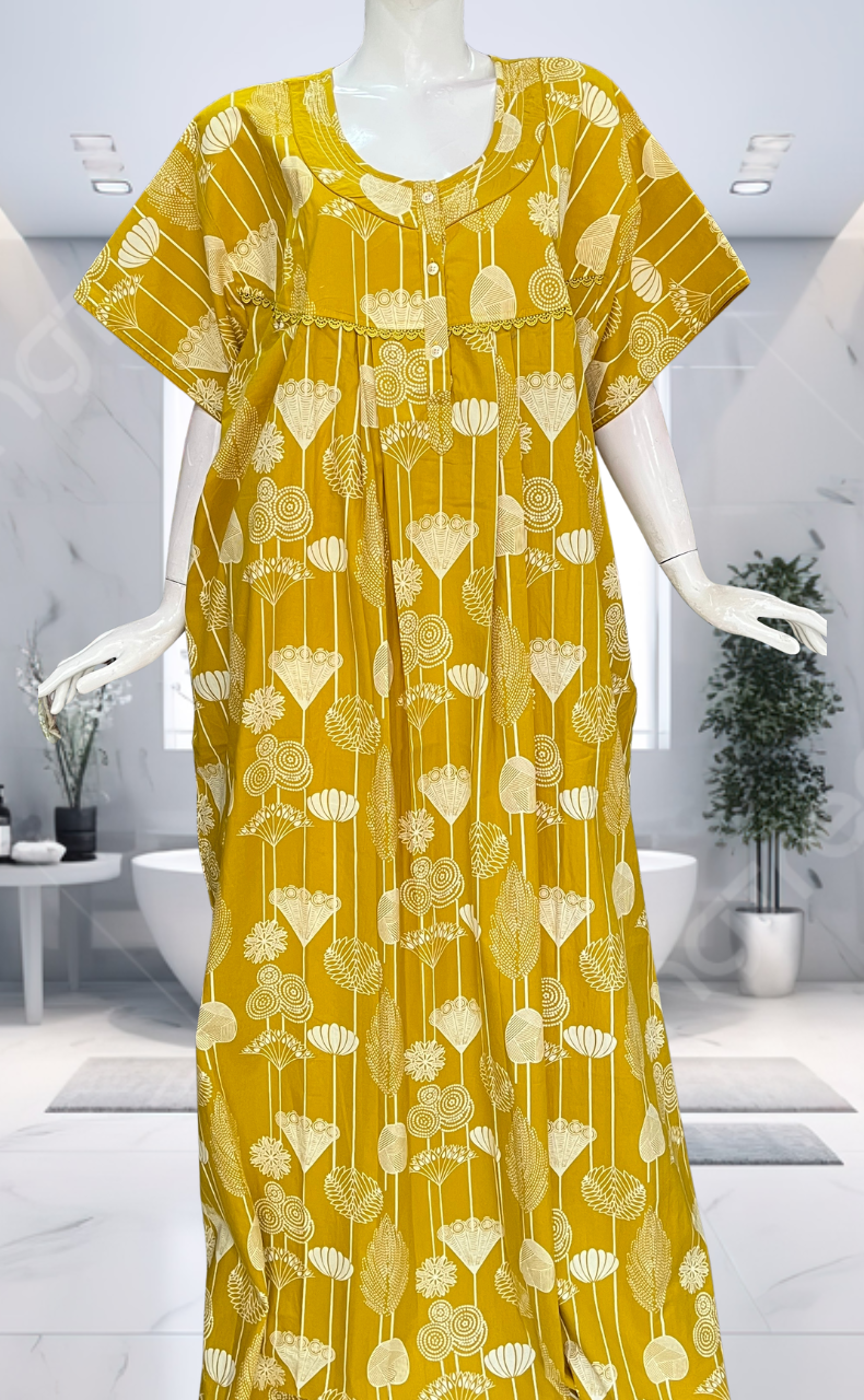 Yellow Abstract Pure Cotton Nighty. Pure Durable Cotton | Laces and Frills
