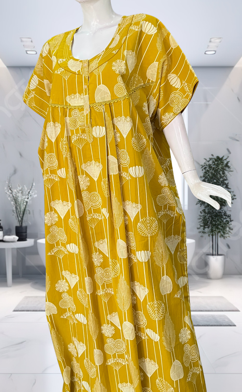 Yellow Abstract Pure Cotton Nighty. Pure Durable Cotton | Laces and Frills