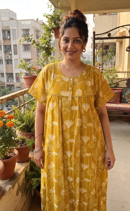 Yellow Abstract Pure Cotton Nighty. Pure Durable Cotton | Laces and Frills - Laces and Frills