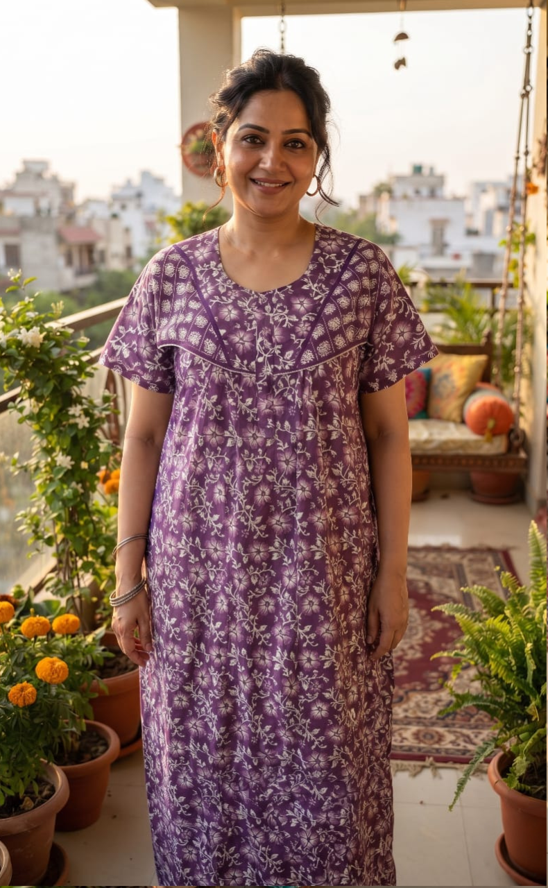 Lavender Garden Pure Cotton Nighty. Pure Durable Cotton | Laces and Frills - Laces and Frills