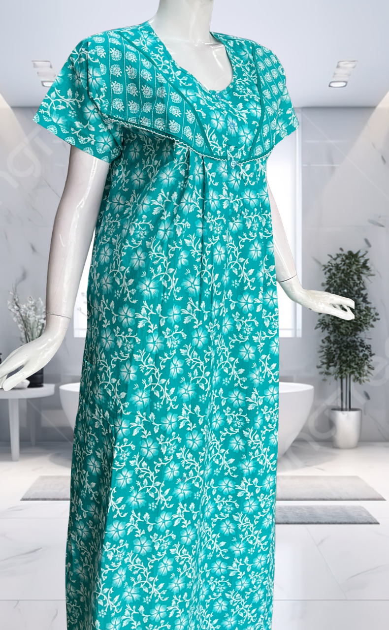 Sea Green Garden Pure Cotton Nighty. Pure Durable Cotton | Laces and Frills