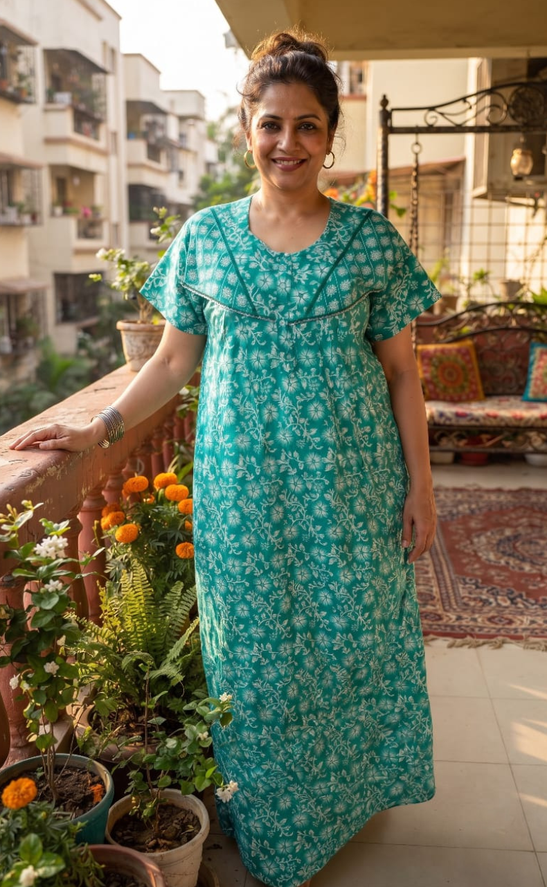Sea Green Garden Pure Cotton Nighty. Pure Durable Cotton | Laces and Frills