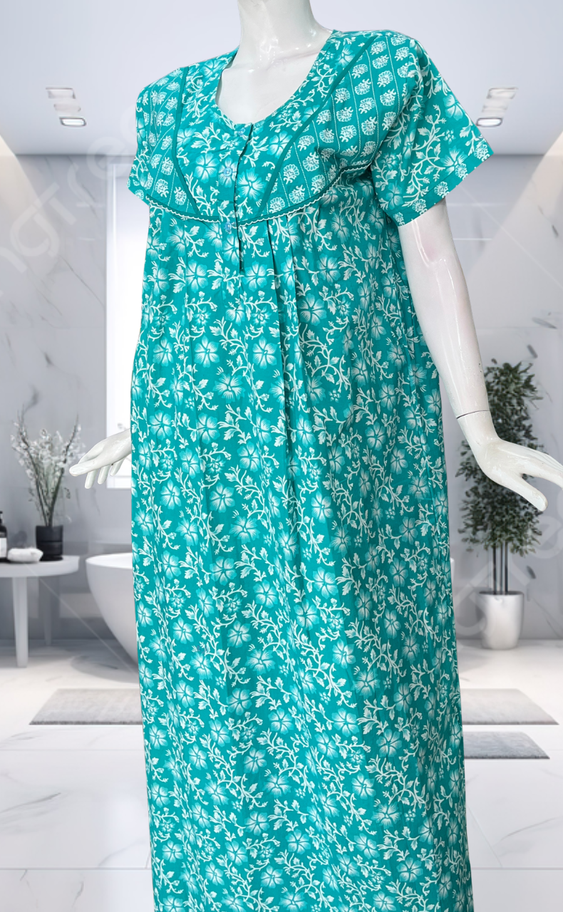 Sea Green Garden Pure Cotton Nighty. Pure Durable Cotton | Laces and Frills