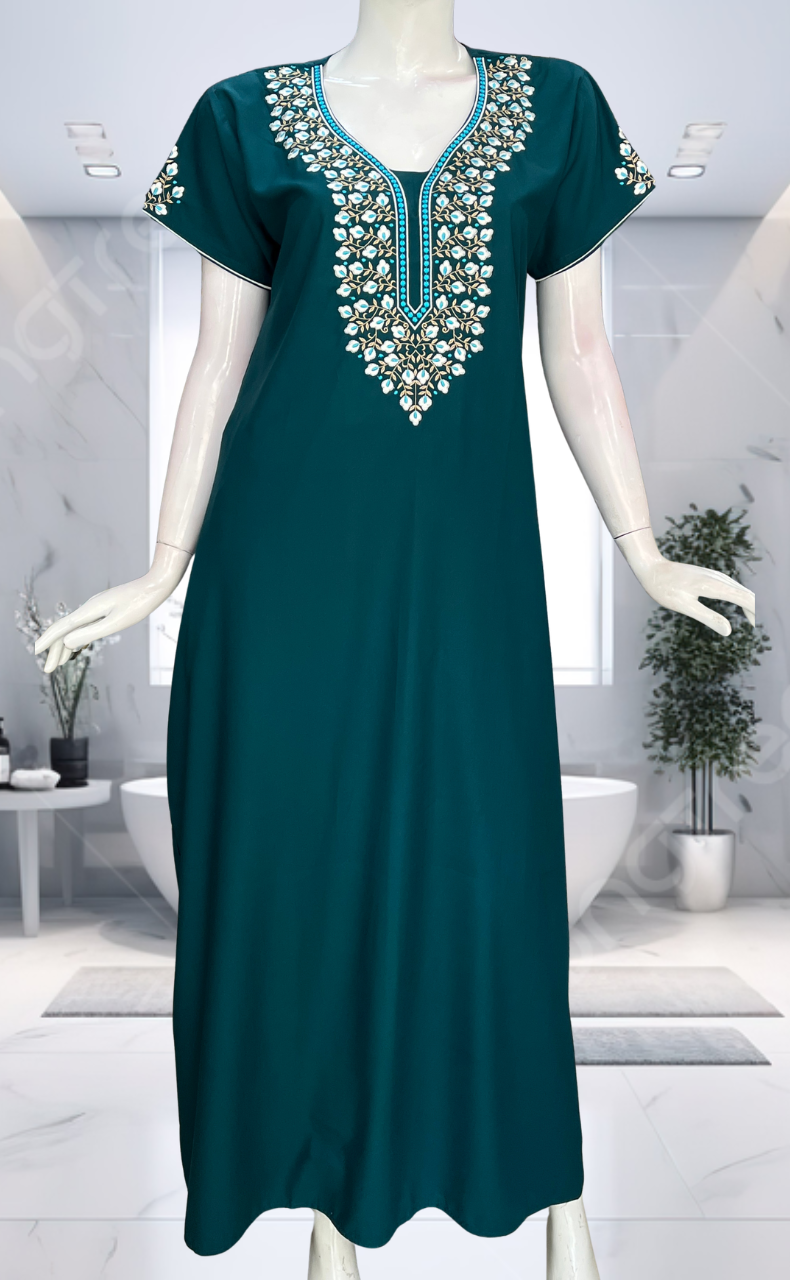 Teal Blue Embroidery Soft Cotton Nighty. Soft Breathable Fabric | Laces and Frills - Laces and Frills