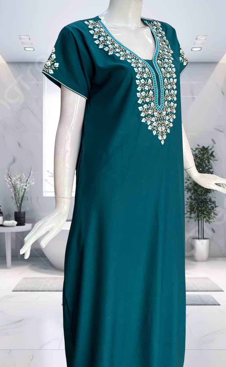Teal Blue Embroidery Soft Cotton Nighty. Soft Breathable Fabric | Laces and Frills - Laces and Frills