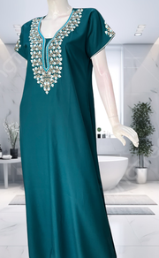 Teal Blue Embroidery Soft Cotton Nighty. Soft Breathable Fabric | Laces and Frills - Laces and Frills